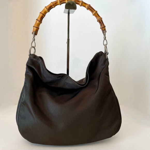 Gucci Brown Nylon Bamboo handle Shoulder Bag/ Rare Vintage
